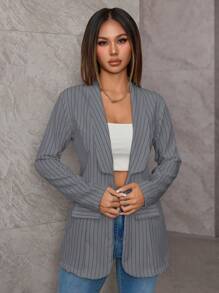 Women's Elegant Lapel Striped Casual Jacket - 灰色 - 查看 1
