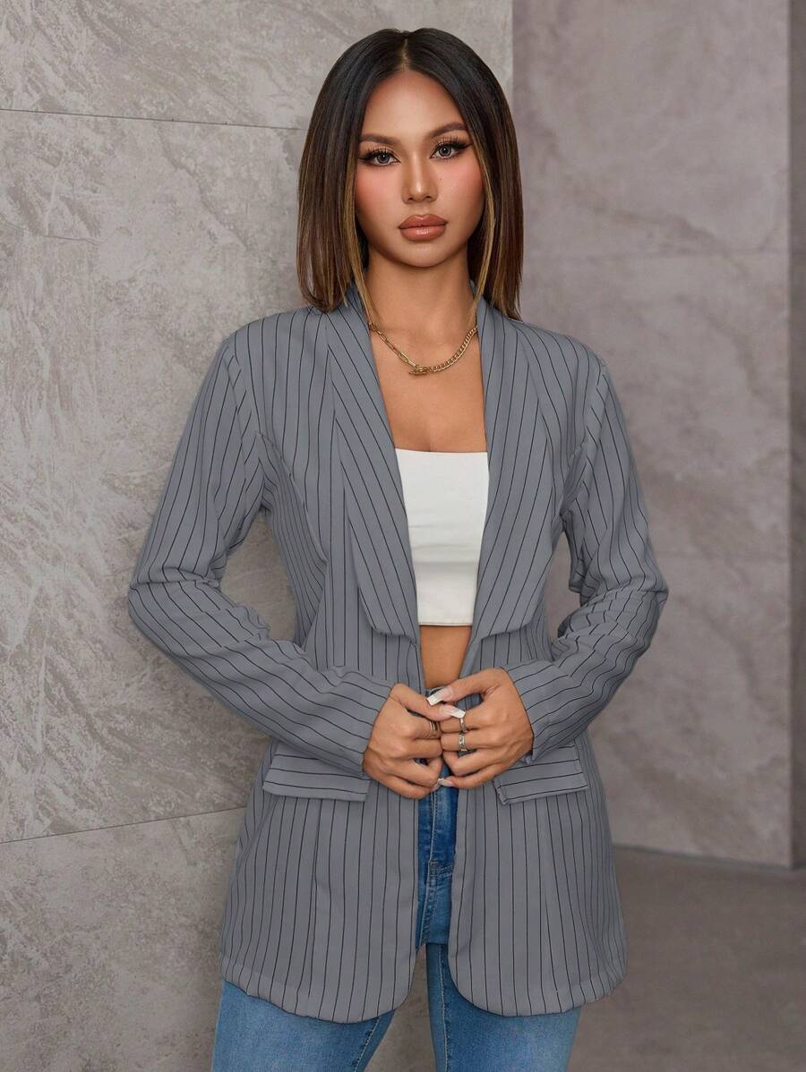 Women's Elegant Lapel Striped Casual Jacket - 灰色 - 查看 1
