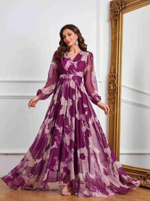 Women's V-Neck Crossed Wrap Elegant Long Sleeve Random Printed Dress