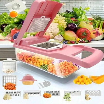 15pcs Complete Set Multi-Functional Vegetable Slicer, Simple To Make Salad, Suitable For Kitchen, Party, Outdoor, Manual Food Chopper With Container, Interchangeable Blade Onion Chopper, Potato Shredder, Kitchen Gadgets