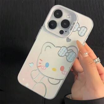  Sanrio 授权可爱猫咪镂空线条设计彩色银色手机壳，女性小众风格，全覆盖保护，兼容 iPhone