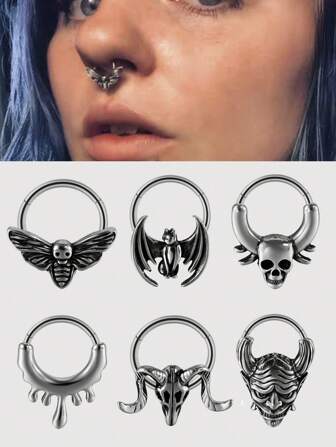 1 件朋克复古油滴蜜蜂蝙蝠幽灵羊牛头融化形状鼻中隔大号不锈钢圆形铰链螺旋摇滚耳环男女通用