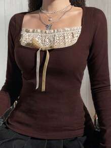 Women Fairy Grunge Clothes Tops Long Sleeve Knitted Slim Fit Tops Lace Stitching Neckline Knitwear Bowknot Casual Pullover T-Shirts Vintage Aesthetic Streetwear For Fall Spring