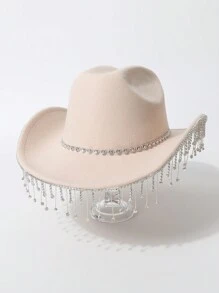 1 peça chapéu de cowboy ocidental com borla de gota d'água e coração de cor sólida, decoração de strass, chapéu de viagem casual, adequado para festa/casamento/performance de palco, presente de dia dos namorados