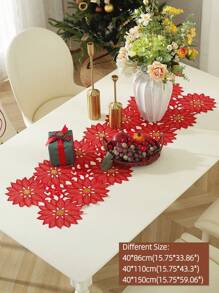 ABEST6522 Home&Living store 100% Polyester Christmas Red Poinsettia Hollow Table Runner, Hollow Floral Embroidered Tablecloth, Christmas Winter Holiday Decoration, Suitable For Dining Table, Kitchen, Christmas Party, Farmhouse Home Decor - Red - View 4