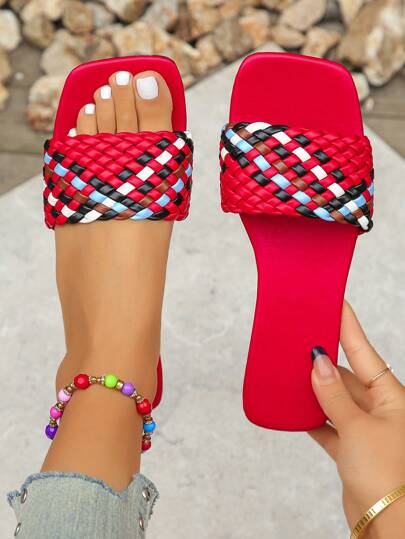 Damen Mode Urlaubs Stil flach gewebte Hausschuhe, bequem & stylish, atmungsaktive Strand Sandalen, retro braun/schwarz/weiß/rosa/magenta/rot farbige Schlupf-Schuhe
