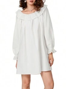 Women's Lace Ruffle Solid Color Loose Doll Collar Long Sleeved A-Line Lantern Sleeve DressS Streetwear Travel - 白色 - 查看 4