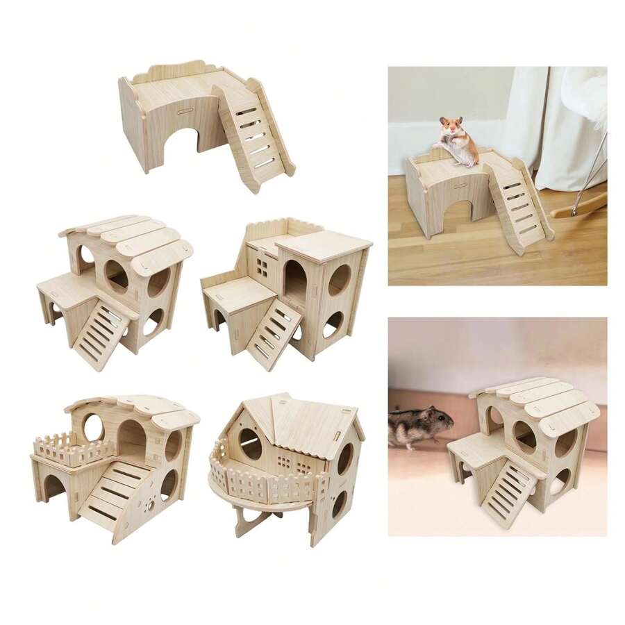 1pc Wooden Hamster House With Swing And Seesaw, Small Wooden Shelter For Hamsters, Quails, Chickens - Multicolor - View 1