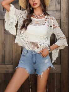 度假风休闲钩针编织薄纱圆领蝙蝠袖套头衫沙滩装 - 杏色 - 查看 5