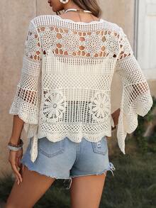 度假风休闲钩针编织薄纱圆领蝙蝠袖套头衫沙滩装 - 杏色 - 查看 2