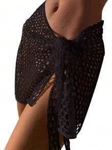 Women Beach Skirt, Cover-Up Skirt Hollowed Solid Summer Mini Knitted Skirt For Vacation SeasideCoachela Festival Swimsuits For Woman, Bathing Suits For Women, Trajes De Baño Mujer - 黑色 - 查看 5