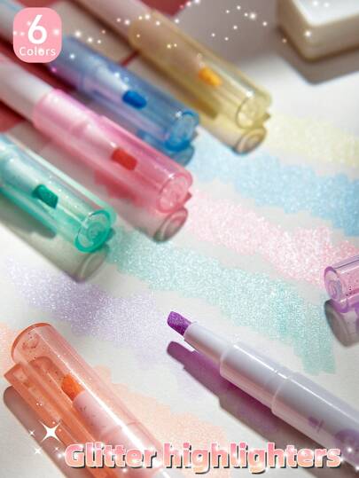 6 支装闪光荧光笔，闪光荧光笔，闪光荧光笔，用于闪亮笔记日记，适用于学校和办公室。返校