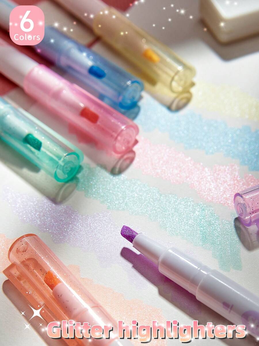 6 PIEZAS Bolígrafos resaltadores brillantes y con purpurina, Resaltadores con purpurina, Marcadores resaltadores con purpurina para notas brillantes, diarios, escuela y oficina. De vuelta a la escuela