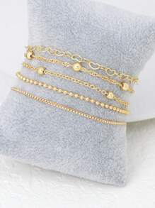 5 件不锈钢心形串珠多层手链套装，日常、工作、派对、男女通用的时尚配饰（珠子数量随机） - 金黃色 - 查看 4