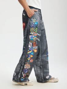 INFLATION Plus Size Men's Front Button Casual Pocket Printed Straight Leg Jeans Style Pants, European Fit - Blue - View 1