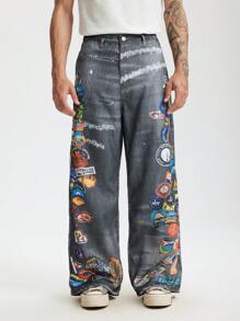 INFLATION Plus Size Men's Front Button Casual Pocket Printed Straight Leg Jeans Style Pants, European Fit - Blue - View 4