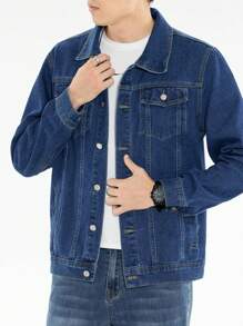 男士长袖加厚牛仔夹克，春秋季休闲外套 - 藍色 - 查看 2