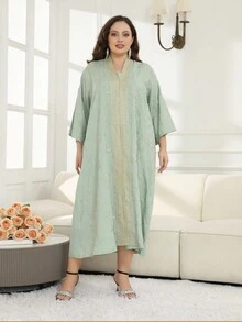 ASBB 重工刺繡金銀色阿拉伯大尺碼女款 JALABIYA 綠色優雅洋裝，2026 秋季節慶派對度假休閒穿搭，沙烏地阿拉伯國慶日服飾 - 綠色 - 查看 5