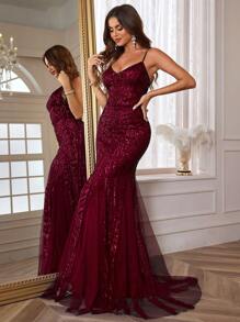 Women's Evening Gown Dress, Spaghetti Strap, Fitted, Sequin Embellished, Elegant, Party Dress, Wedding Guest Dress, Formal Dress - 酒紅色 - 查看 6