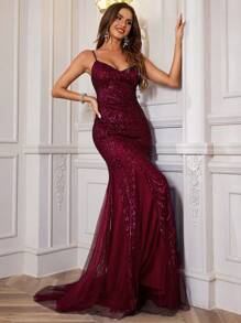 Women's Evening Gown Dress, Spaghetti Strap, Fitted, Sequin Embellished, Elegant, Party Dress, Wedding Guest Dress, Formal Dress - 酒紅色 - 查看 5