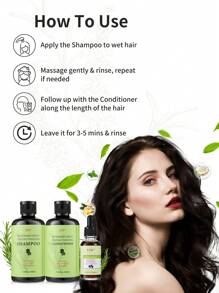 Conjunto para Cuidados com o Cabelo 3 peças, Shampoo Orgânico de Alecrim e Hortelã, Condicionador e Óleo Essencial para o Couro Cabeludo, Limpa e Ajuda no Fortalecimento dos Cabelos Fracos e Quebradiços