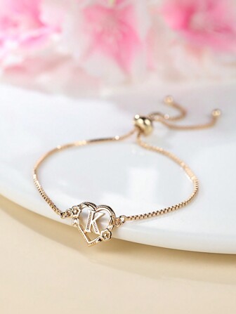1 Pc Heart Initial Letter Flower Bracelet Personalized 26 Letter A-Z Adjustable Golden Chain Bracelet For Women Teen Girls Suitable For Daily Wear Valentine's Day Jewelry Gifts
