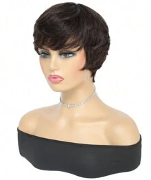 Short Pixie Cut With Fake Scalp Top Human Hair Wigs Short Straight Dark Brown #4/#2 Full Machine Made Human Hair Natural Black Wigs With Bangs For Women Daily Use - S2 - Xem 4