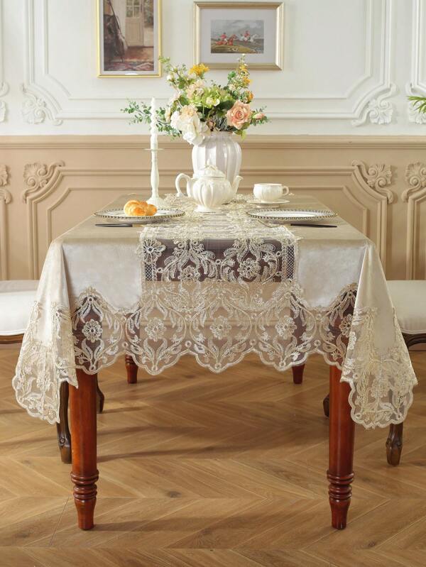 1 Stück Samtstoff, dick und präzise 3D golden bestickter Spitzenbesatz Tischdecke, geeignet für Küche, Esszimmer, Konferenz, Schreibtisch, Kaffeetisch, Kommode, Tischdecke, Schutz, Wohndekoration, Feiertags-Dekoration, Innen/Außen, Party, Hochzeit
