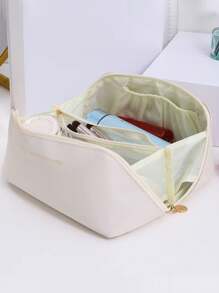 1 szt. Kreatywna kosmetyczka, kosmetyczka ze skóry PU, duża pojemność, modny i przenośny organizer na przybory toaletowe, wysokiej jakości brązowy kolor z koronką i plisowanym wzorem, wielofunkcyjna minimalistyczna kosmetyczka