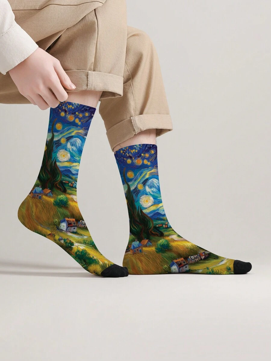 1 Pair Unisex 3D Digital Heat Transfer 360 Print Cartoon Van Gogh Design Socks, Comfortable Breathable Stylish Street Cartoon Animation Socks, Suitable For Holiday Gifts, Vacation, Unique And Interesting Socks, Fall - Multicolor - View 1