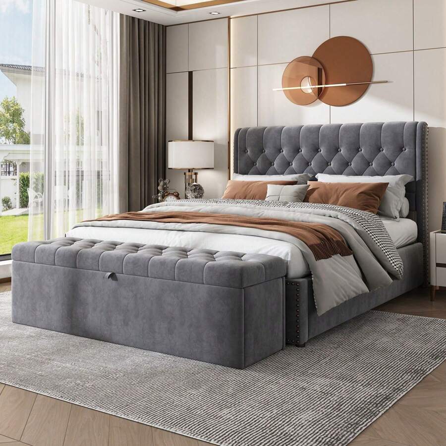 Banc rembourré en velours, banc rembourré, repose-pieds, banc avec espace de rangement, gris 138 x 41 x 42 cm Stockage de dortoir pour la rentrée scolaire