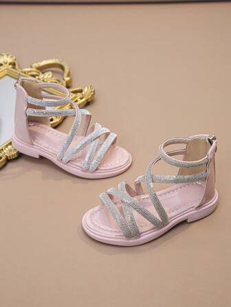 Girls' Glossy Fuchsia Rhinestone Embellished Soft Sole Street Style Sandals, Summer 2025 New Arrival Zipper Roman Style Children's Shoes