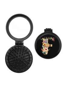 1 buah Sisir Mini Eksklusif Pernikahan Motif Bunga 26 Huruf yang Lucu, Sisir Mini Bantalan Udara yang Ringkas dan Portabel dengan Pijat Kantung Udara Lipat, Cermin Terintegrasi, Penting untuk Perjalanan dan Berkemah - Hitam - View 14