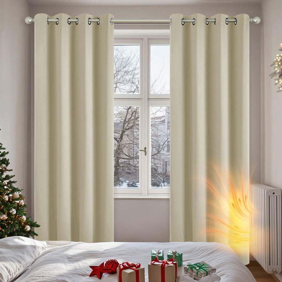 Bộ 2 rèm cách nhiệt, rèm chống lạnh có lỗ, rèm mờ, rèm che nắng phòng ngủ, làm tối, cách nhiệt - màu be đậm - Xem 1