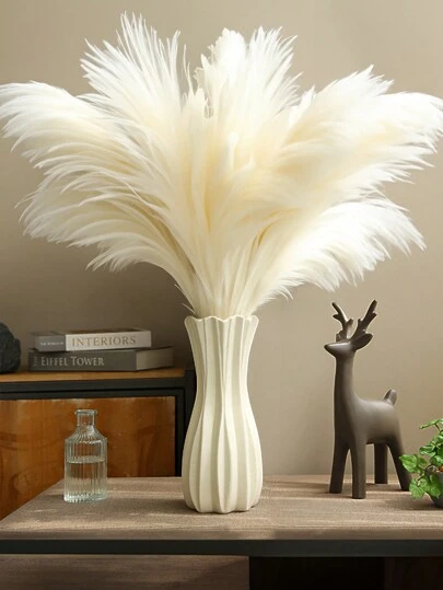 1 件人造蒲苇花，插在仿陶瓷塑料花瓶中，北欧简约风格，白色蓬松装饰草，适合婚礼、生日、客厅、桌子、办公桌装饰的家居装饰中心