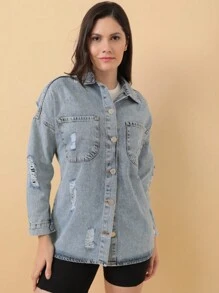 جاكيت نسائية للربيع مطبوعة، جاكيت مقطعة بالليزر، جاكيت مطرزة، بأزرار نصف، تفاصيل طوق، تفاصيل الجزء الخلفي كالرعد - الأزرق - مشاهدة 1