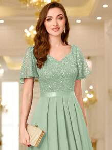 MIUSOL 撞色亮片蕾丝甜心领荷叶边袖晚会长裙、婚礼宾客礼服、正式礼服、长袍