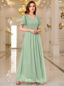 MIUSOL 撞色亮片蕾丝甜心领荷叶边袖晚会长裙、婚礼宾客礼服、正式礼服、长袍