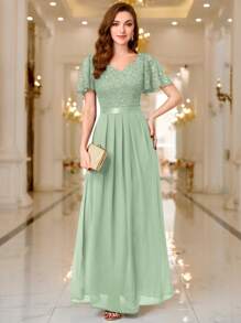 MIUSOL 撞色亮片蕾丝甜心领荷叶边袖晚会长裙、婚礼宾客礼服、正式礼服、长袍