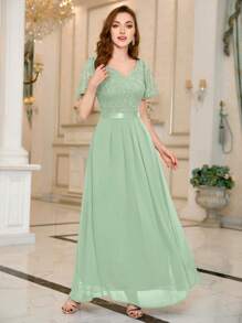 MIUSOL 撞色亮片蕾丝甜心领荷叶边袖晚会长裙、婚礼宾客礼服、正式礼服、长袍