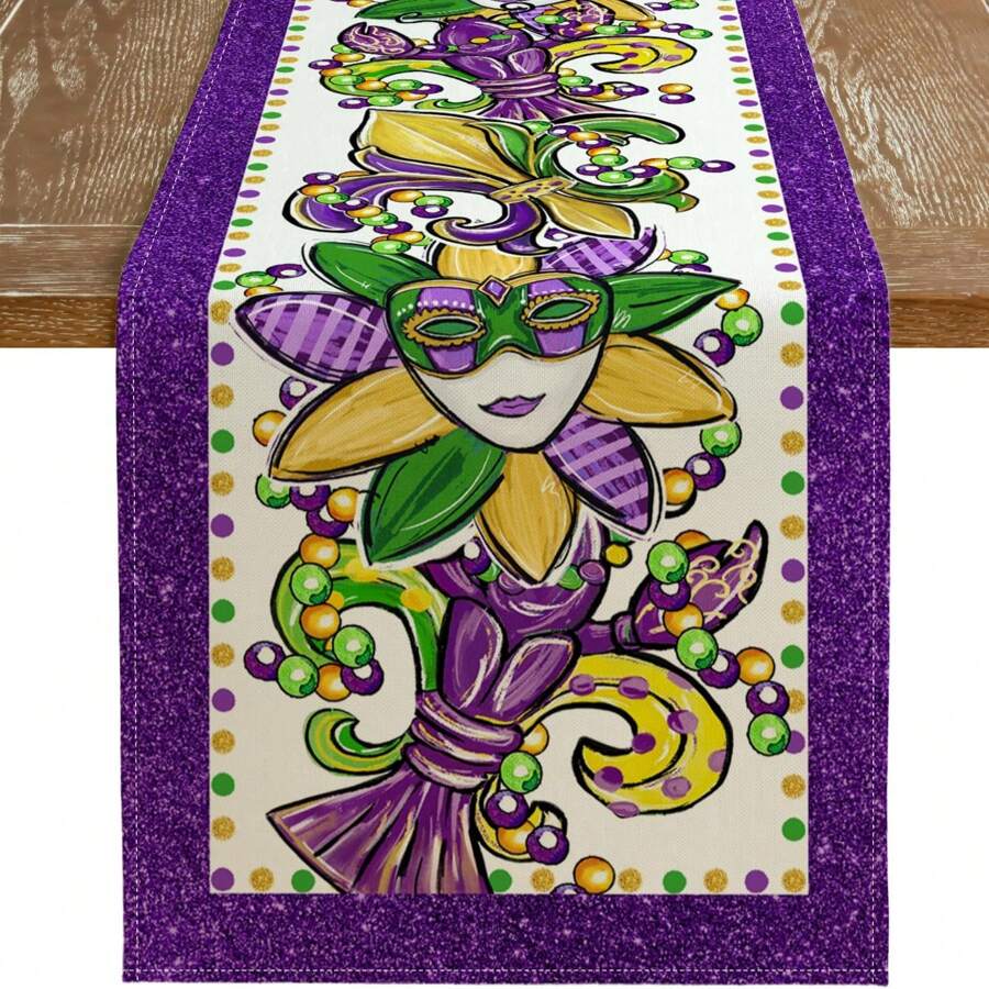 1 pièce Chemin de table de carnaval, masques d'iris, décorations de table de carnaval violettes avec perles, décorations d'intérieur et d'extérieur de style fermier pour fêtes à la maison - Prune - Voir 1