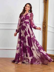 Women's V-Neck Crossed Wrap Elegant Long Sleeve Random Printed Dress