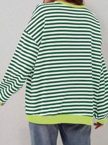 Plus 女式条纹落肩宽松 T 恤上衣 - 綠色 - 查看 3