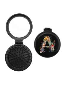 1 buah Sisir Mini Eksklusif Pernikahan Motif Bunga 26 Huruf yang Lucu, Sisir Mini Bantalan Udara yang Ringkas dan Portabel dengan Pijat Kantung Udara Lipat, Cermin Terintegrasi, Penting untuk Perjalanan dan Berkemah - Hitam - View 11