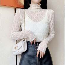 Blusa de malla transparente para mujer, cuello alto y manga larga, de encaje transparente - Blanco - Ver 5