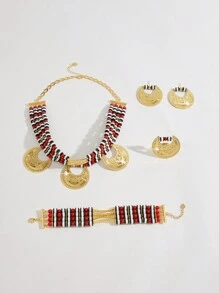 Mgyi Gold-Colored Copper Fashionable And High-End Luxury Retro Jewelry Set For Women,18K Gold Plated Elegant Luxury Square Design Necklace, Earrings, Bracelet, Ring For Women, Suitable For Nigeria, Dubai, Middle East, Saudi Arabia Bridal Wedding, Daily Wear, Wedding Anniversary Gift, Halloween Gift For Friends