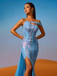 AOSHABABI TOPS Blue Floral Sequined Mermaid Formal Gown, Elegant And Luxurious. The Floral Sequins Sparkle Like Stars, And The Mermaid Design Accentuates The Graceful Curves.(Heavy Embellishment) Suitable For All Formal Occasions, Music Festivals, Large-Scale Galas, Wedding Guest Dresses, Holiday Parties, Graduations, Cocktail Parties, Dates, Vacations, And Bridesmaid Dresses. - Blue - View 8
