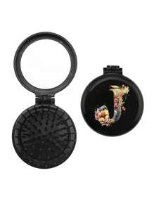 1 buah Sisir Mini Eksklusif Pernikahan Motif Bunga 26 Huruf yang Lucu, Sisir Mini Bantalan Udara yang Ringkas dan Portabel dengan Pijat Kantung Udara Lipat, Cermin Terintegrasi, Penting untuk Perjalanan dan Berkemah - Hitam - View 13