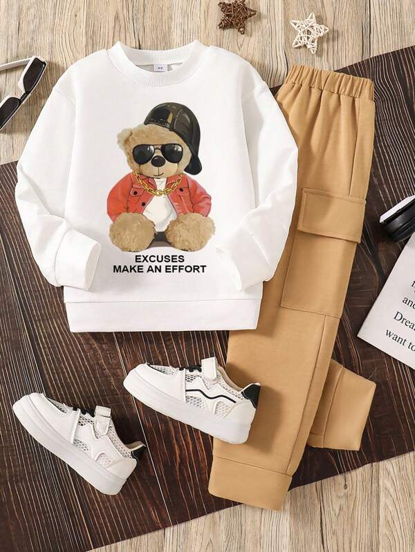 Toddler Cartoon Print Crew Neck Sweatshirt And Sweatpants Set