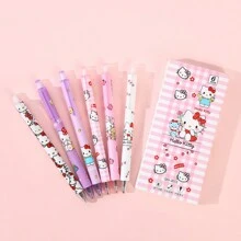 Sanrio 1 pieza/6 piezas/12 piezas de bolígrafos retráctiles y borrables de Sanrio (1 caja con 6 bolígrafos), apropiados para exámenes y pruebas, colores y diseños de moda aleatorios, material escolar creativo para estudiantes, desmontables, suministros de oficina/firma, regalo para familia, amigos y colegas, Hello Kitty, artículos de Hello Kitty, bolígrafos, de vuelta a la escuela